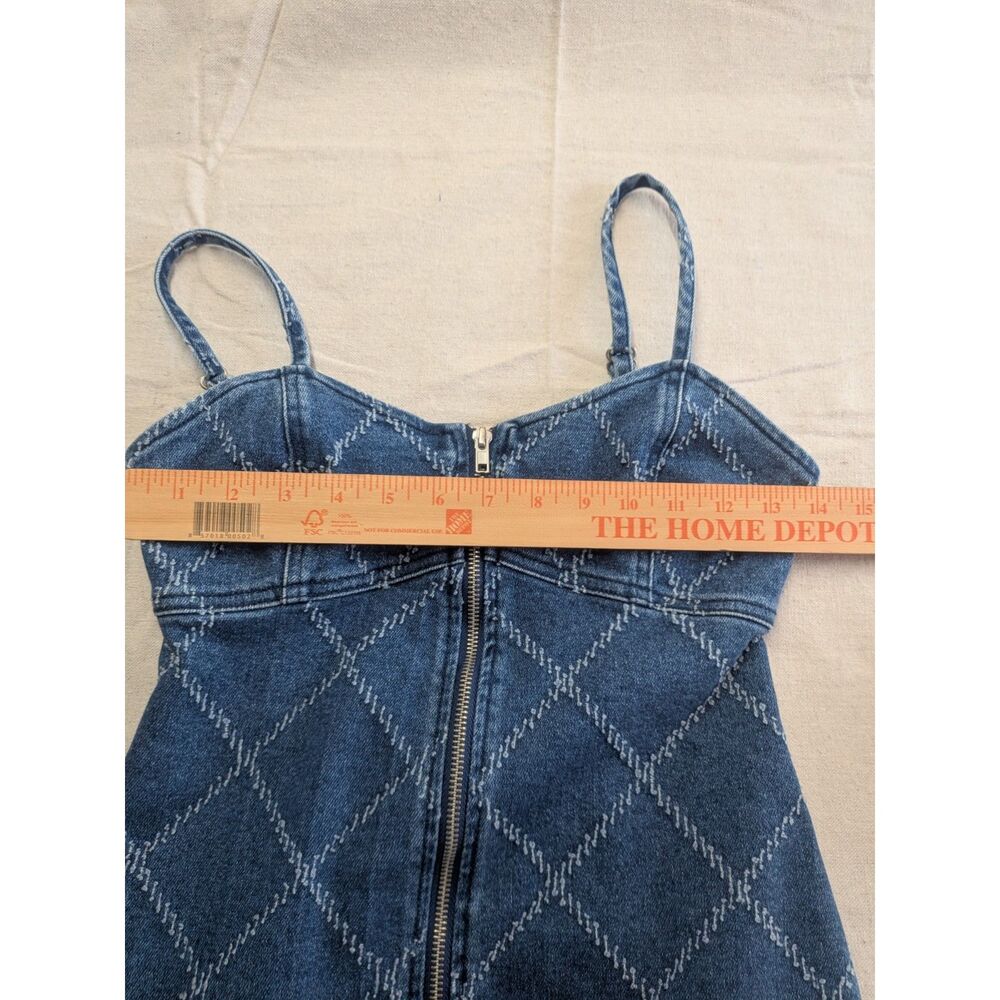 Forever 21 Denim Mini Dress S Blue Argyle Stitch Bustier Zip Front Y2K